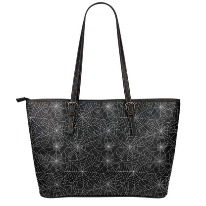 Black And White Spider Web Pattern Print Leather Tote Bag