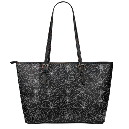 Black And White Spider Web Pattern Print Leather Tote Bag