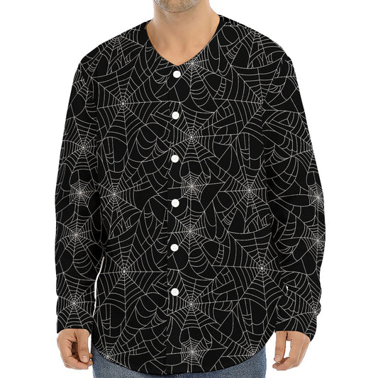 Black And White Spider Web Pattern Print Long Sleeve Baseball Jersey