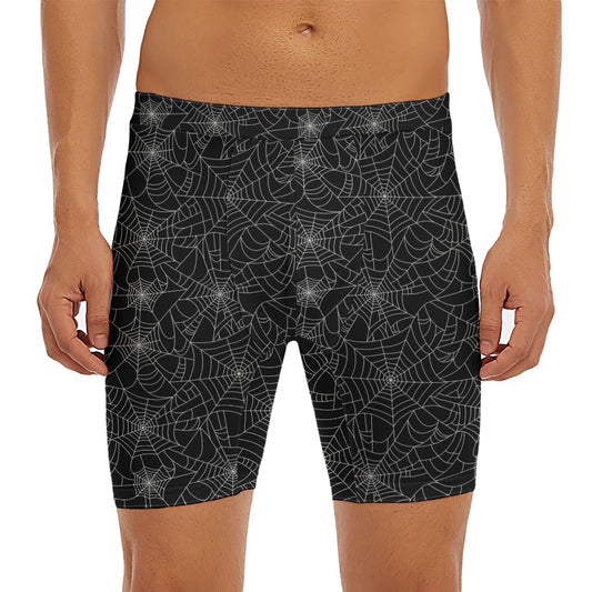 Black And White Spider Web Pattern Print Men's Long Boxer Briefs