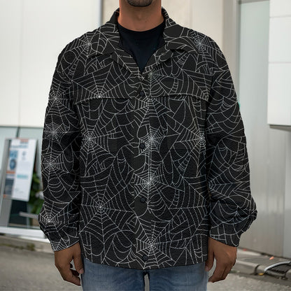 Black And White Spider Web Pattern Print Men's Shirt Jacket