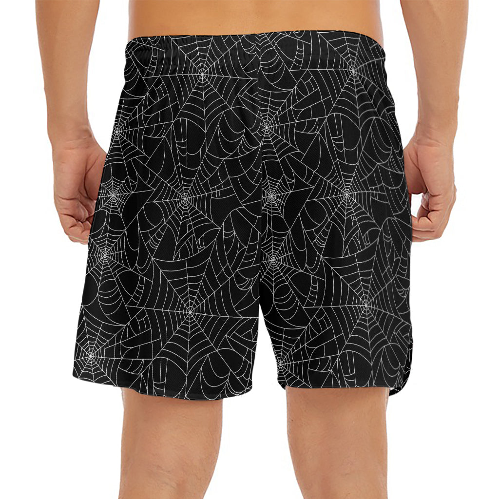 Black And White Spider Web Pattern Print Men's Split Running Shorts