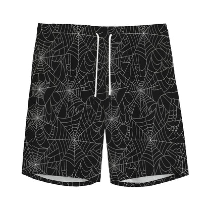 Black And White Spider Web Pattern Print Men's Sports Shorts