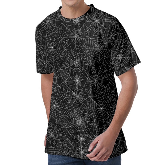 Black And White Spider Web Pattern Print Men's Velvet T-Shirt