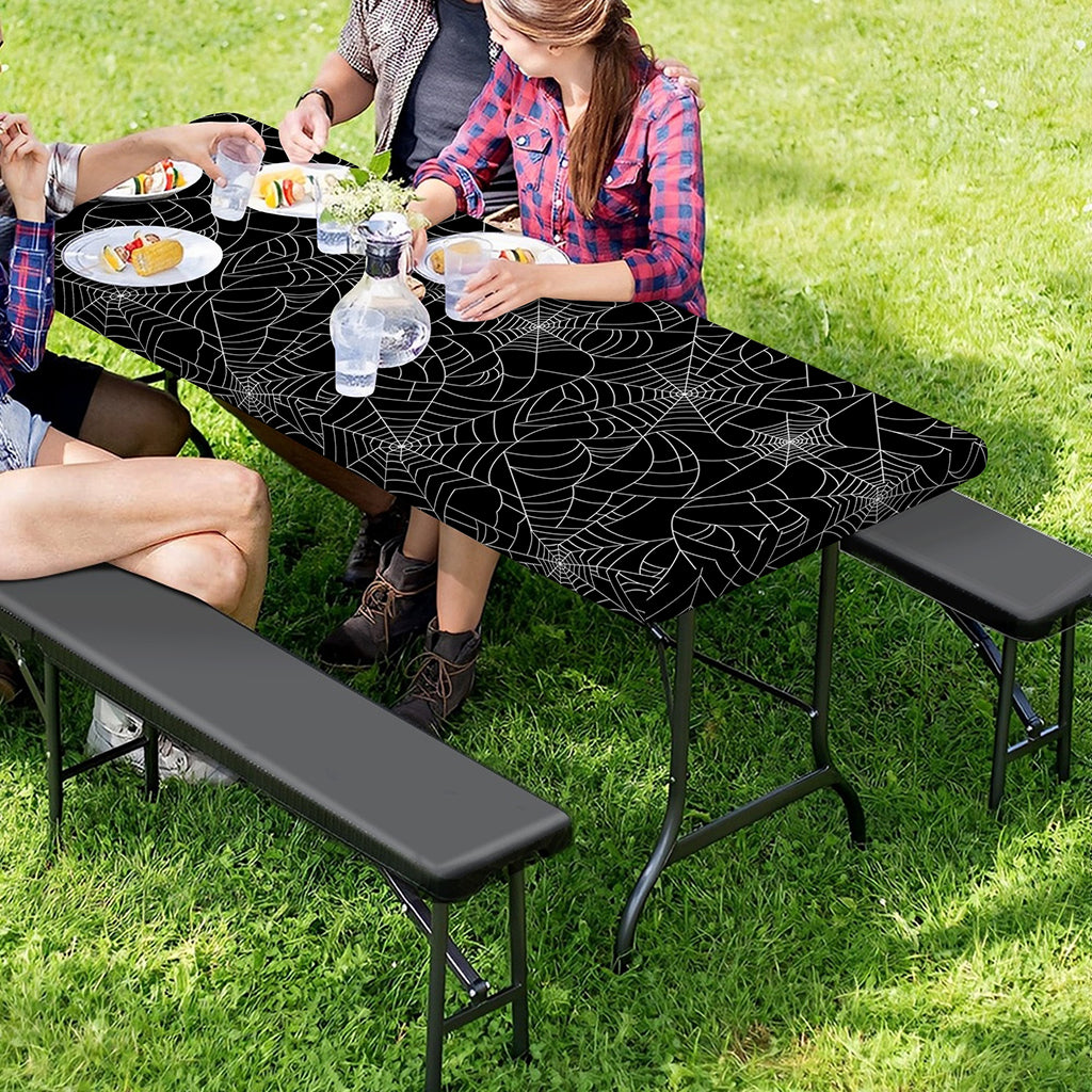 Black And White Spider Web Pattern Print Picnic Table Cover