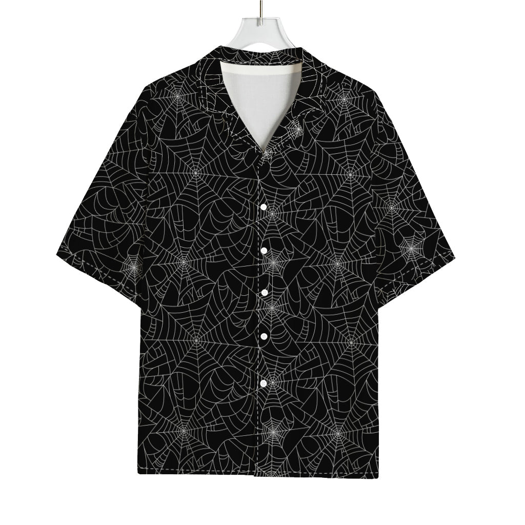 Black And White Spider Web Pattern Print Rayon Hawaiian Shirt