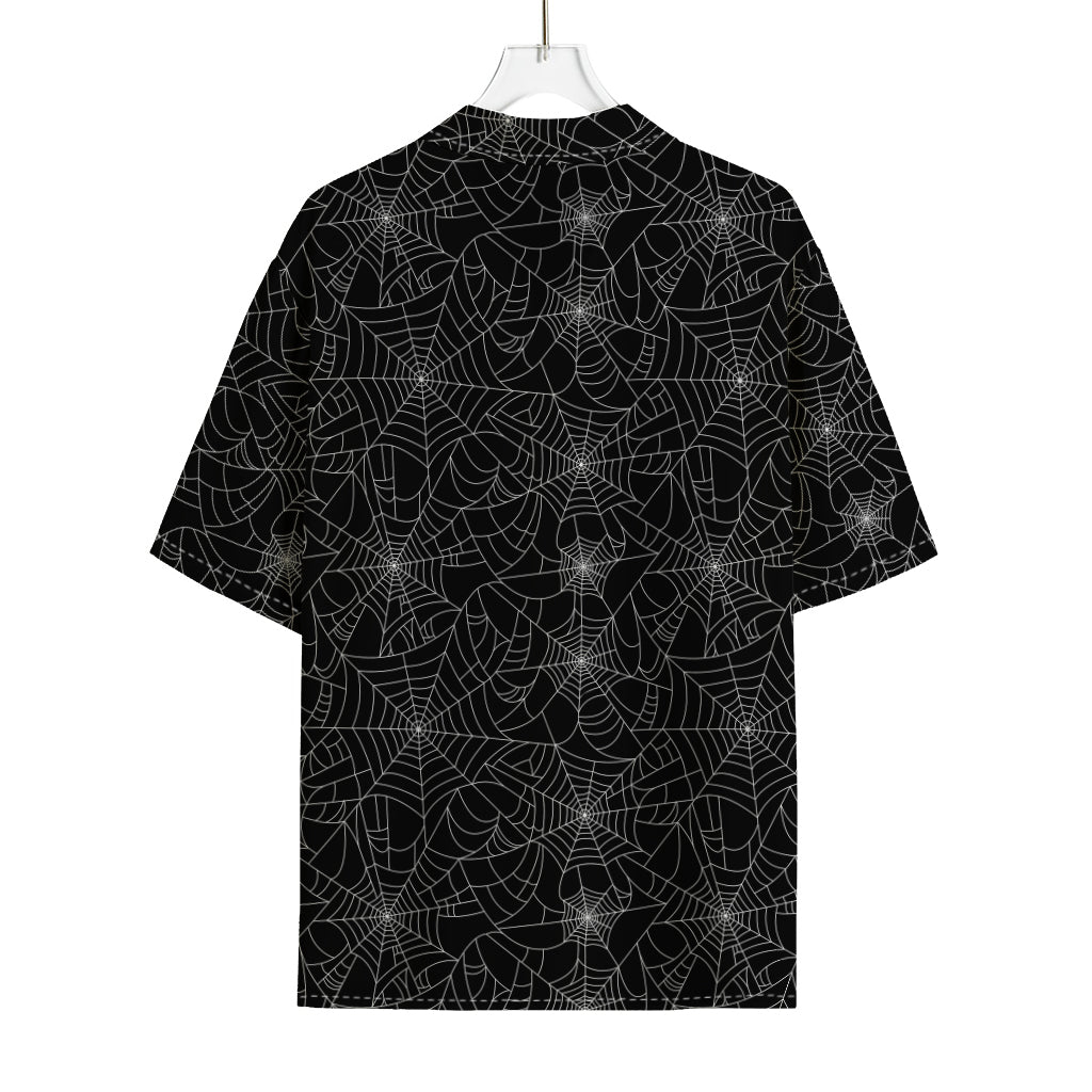Black And White Spider Web Pattern Print Rayon Hawaiian Shirt