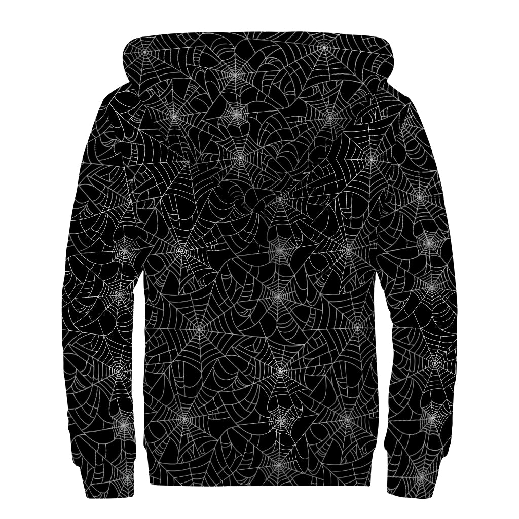 Black And White Spider Web Pattern Print Sherpa Lined Zip Up Hoodie