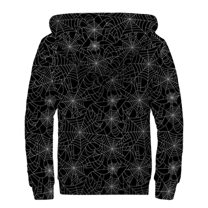 Black And White Spider Web Pattern Print Sherpa Lined Zip Up Hoodie