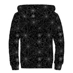 Black And White Spider Web Pattern Print Sherpa Lined Zip Up Hoodie