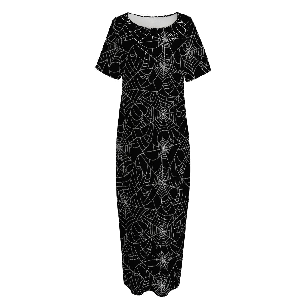 Black And White Spider Web Pattern Print Short Sleeve Long Nightdress