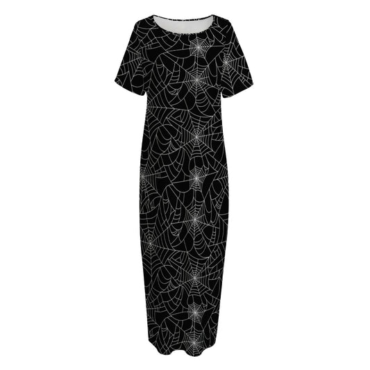 Black And White Spider Web Pattern Print Short Sleeve Long Nightdress