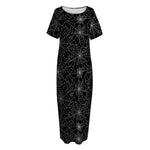 Black And White Spider Web Pattern Print Short Sleeve Long Nightdress