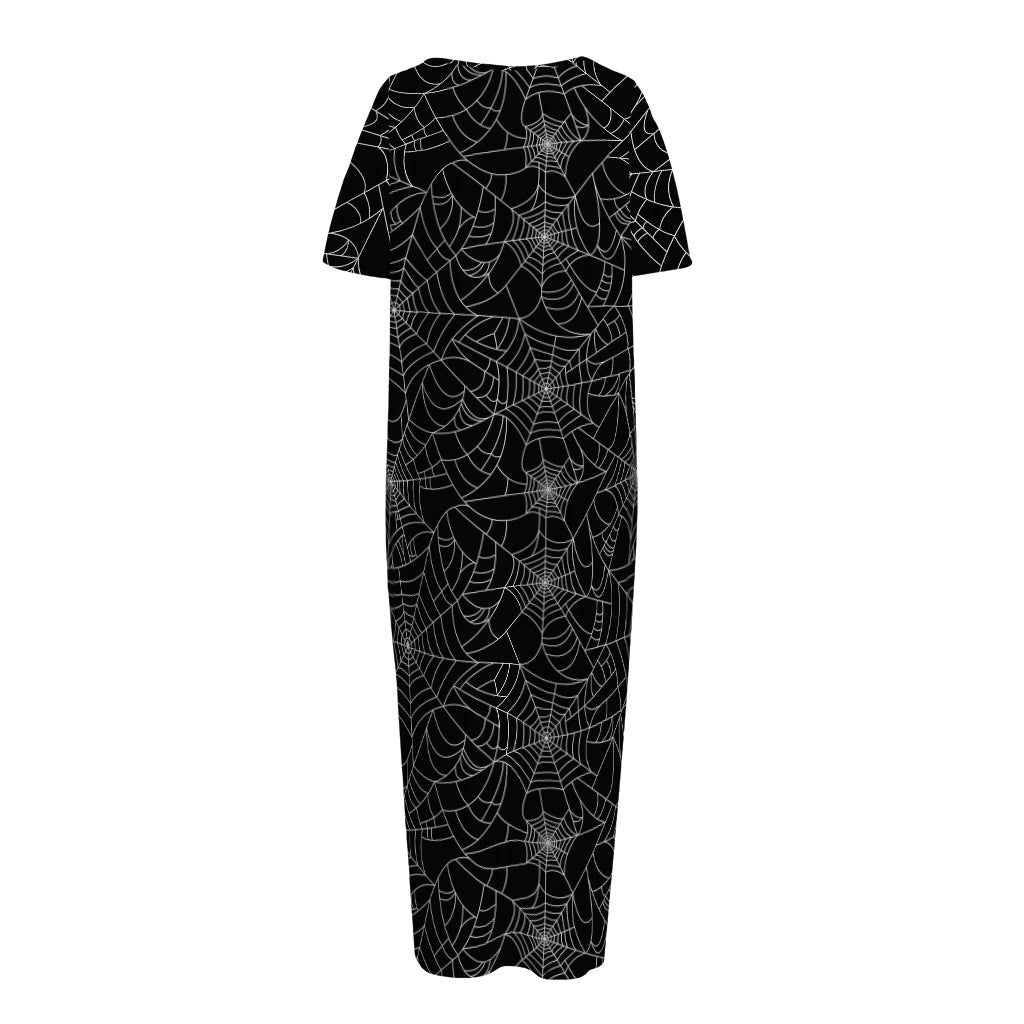 Black And White Spider Web Pattern Print Short Sleeve Long Nightdress