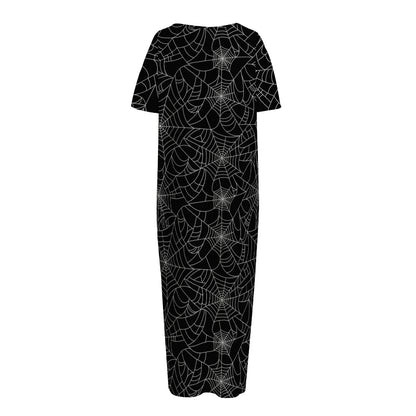 Black And White Spider Web Pattern Print Short Sleeve Long Nightdress