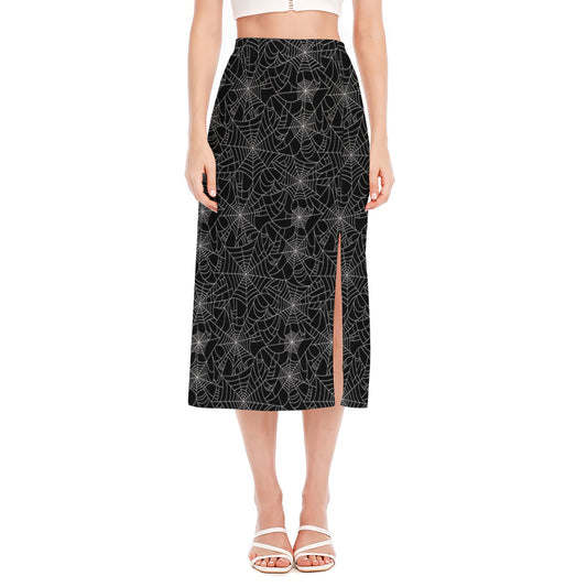 Black And White Spider Web Pattern Print Side Slit Midi Skirt