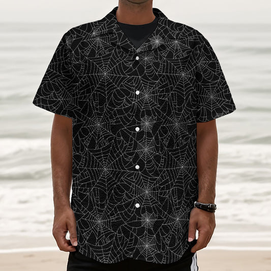 Black And White Spider Web Pattern Print Textured Short Sleeve Shirt