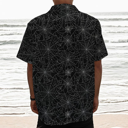 Black And White Spider Web Pattern Print Textured Short Sleeve Shirt