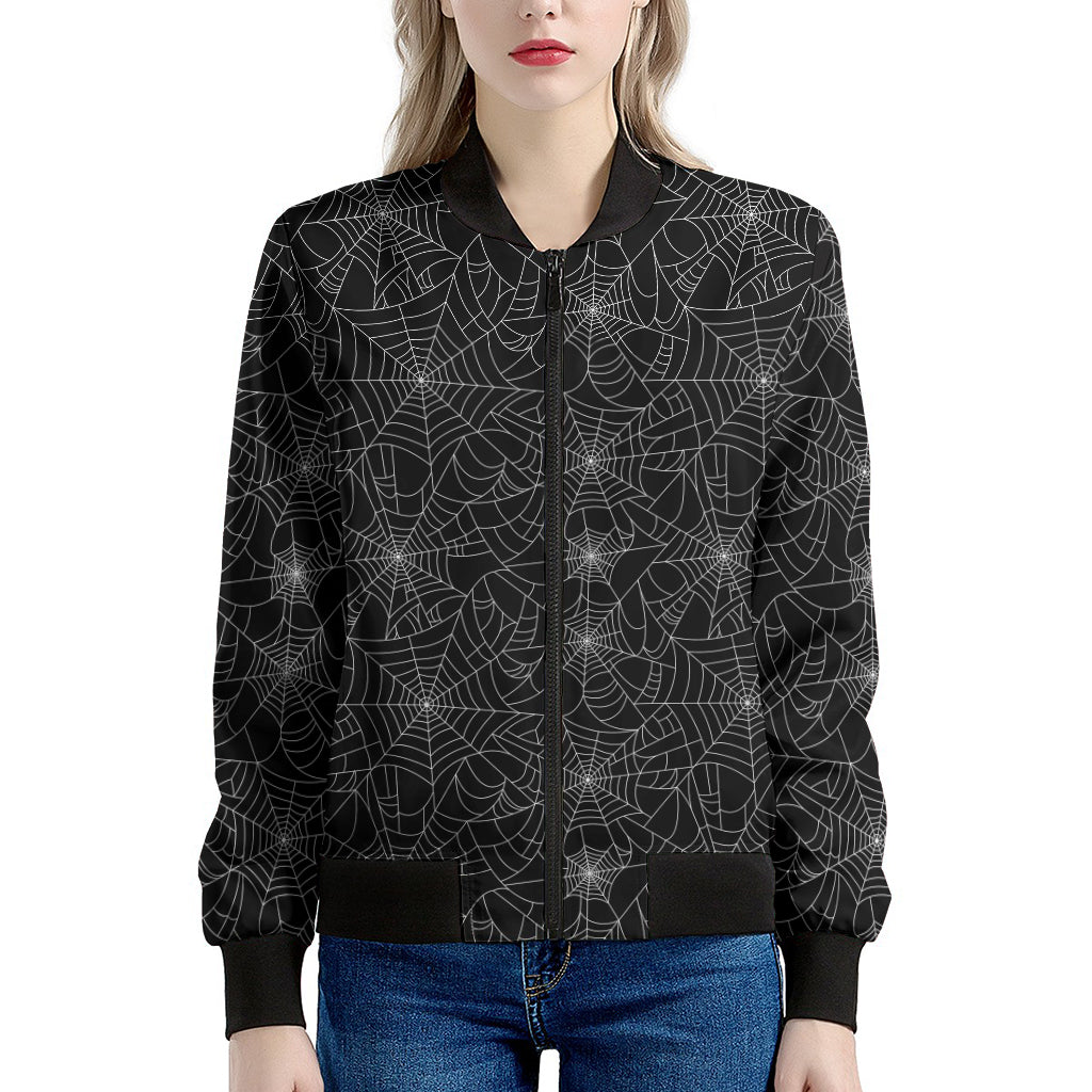 Black And White Spider Web Pattern Print Women's Bomber Jacket