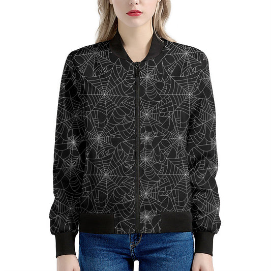 Black And White Spider Web Pattern Print Women's Bomber Jacket