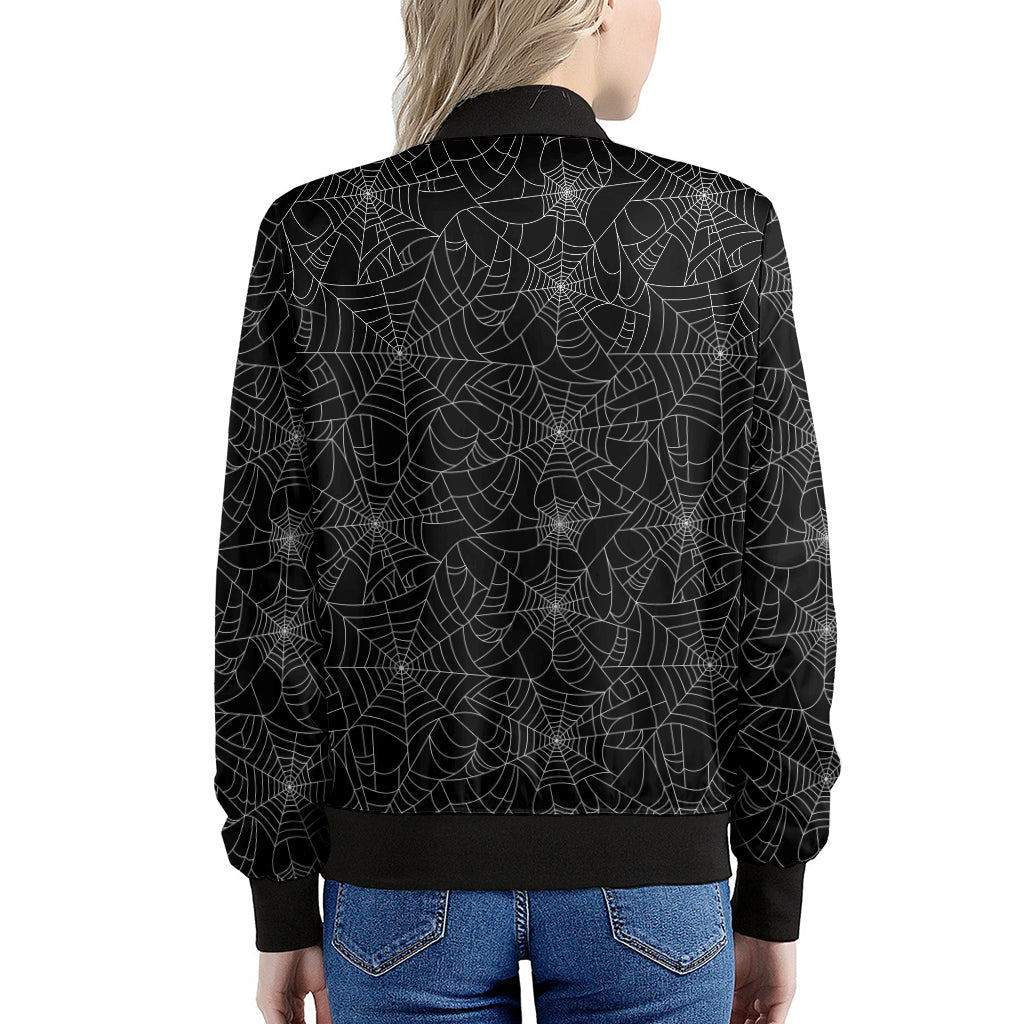 Black And White Spider Web Pattern Print Women's Bomber Jacket