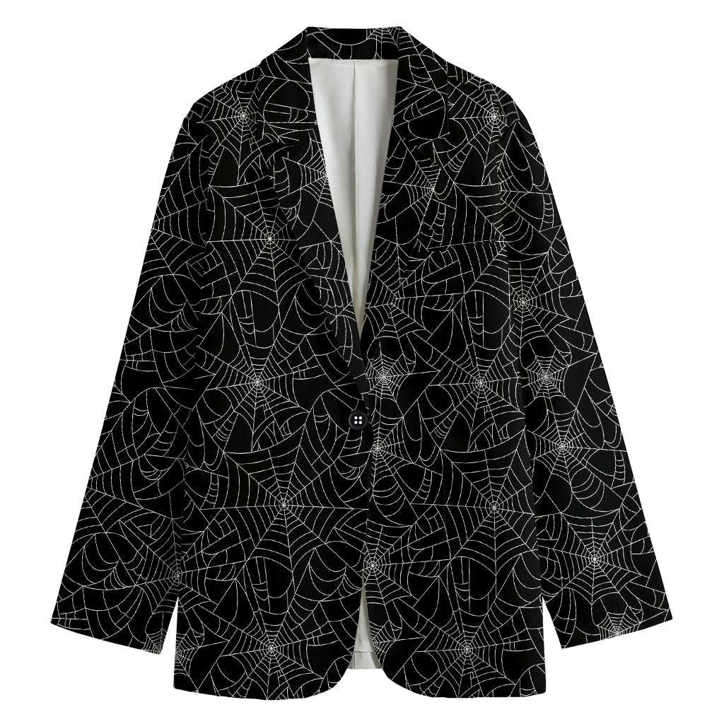 Black And White Spider Web Pattern Print Women's Cotton Blazer