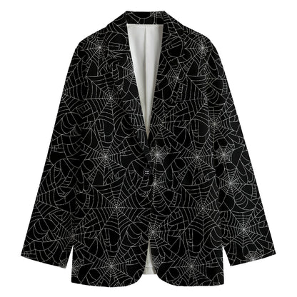 Black And White Spider Web Pattern Print Women's Cotton Blazer