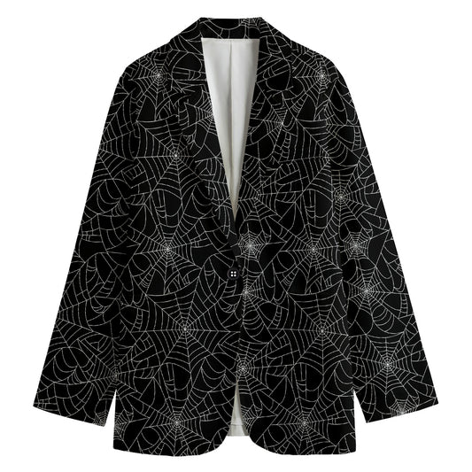 Black And White Spider Web Pattern Print Women's Cotton Blazer