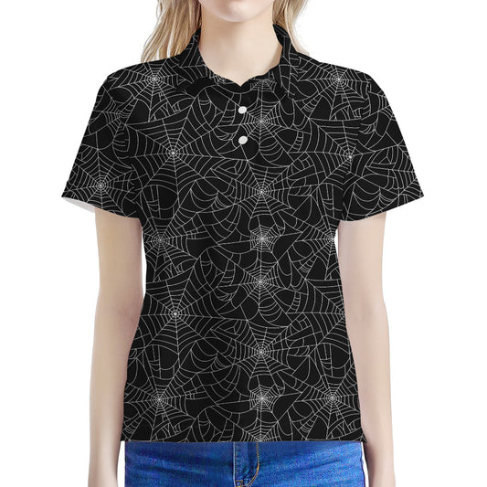 Black And White Spider Web Pattern Print Women's Polo Shirt