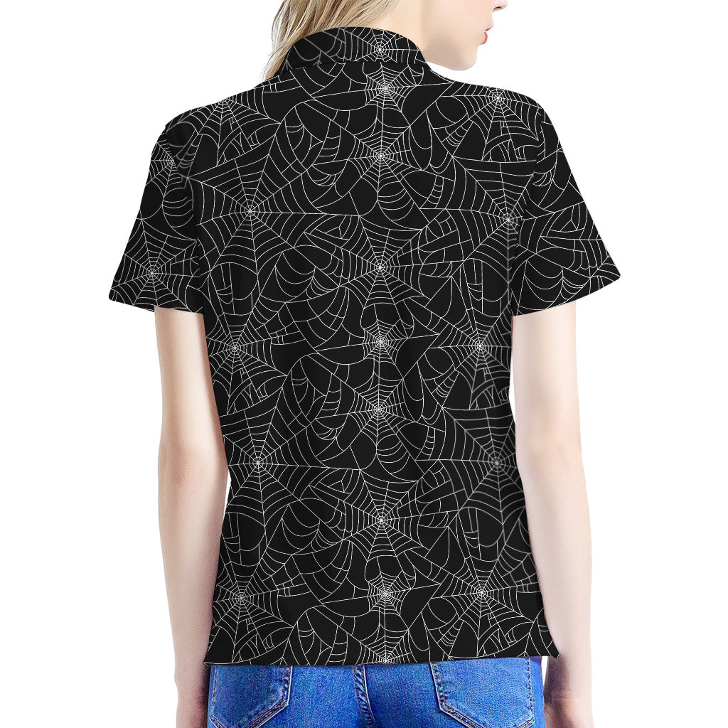 Black And White Spider Web Pattern Print Women's Polo Shirt