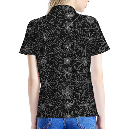 Black And White Spider Web Pattern Print Women's Polo Shirt