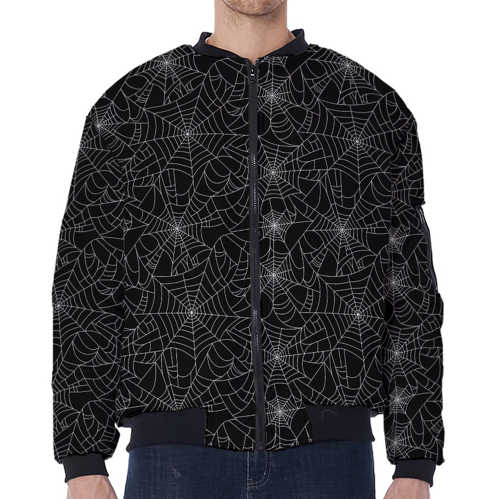 Black And White Spider Web Pattern Print Zip Sleeve Bomber Jacket