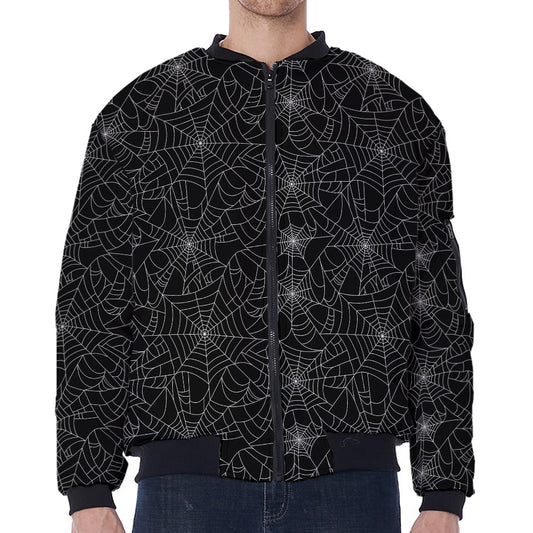 Black And White Spider Web Pattern Print Zip Sleeve Bomber Jacket