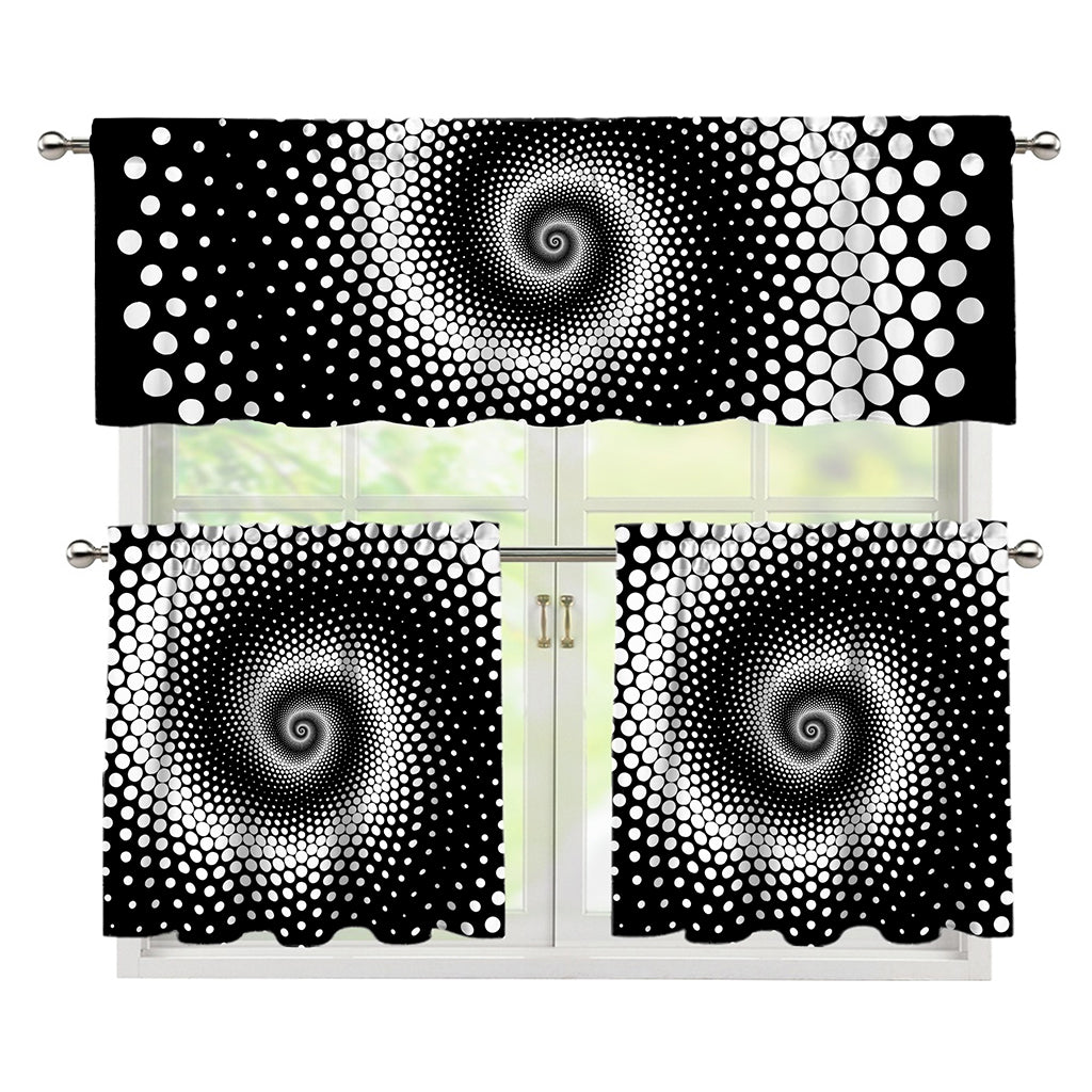 Black And White Spiral Dot Print 3 Piece Kitchen Curtains