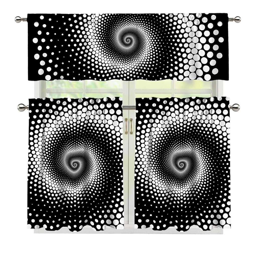 Black And White Spiral Dot Print 3 Piece Kitchen Curtains