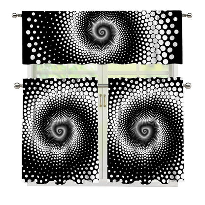 Black And White Spiral Dot Print 3 Piece Kitchen Curtains