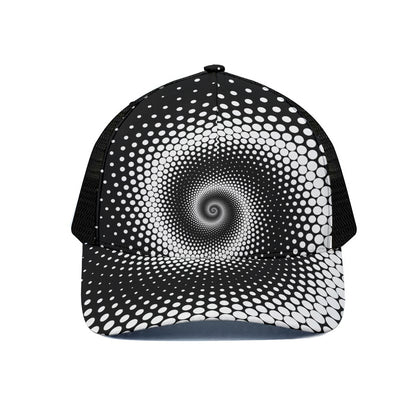Black And White Spiral Dot Print Black Mesh Trucker Cap