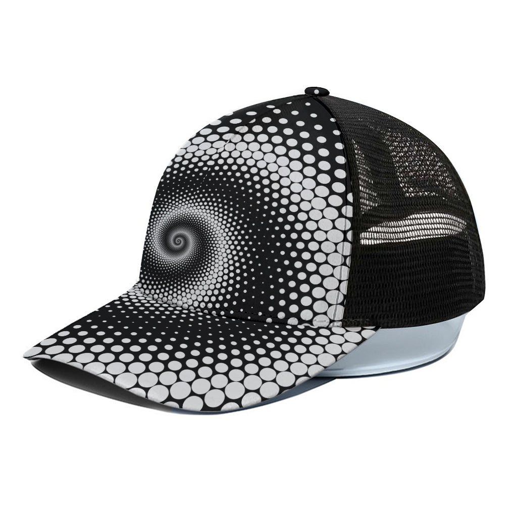 Black And White Spiral Dot Print Black Mesh Trucker Cap