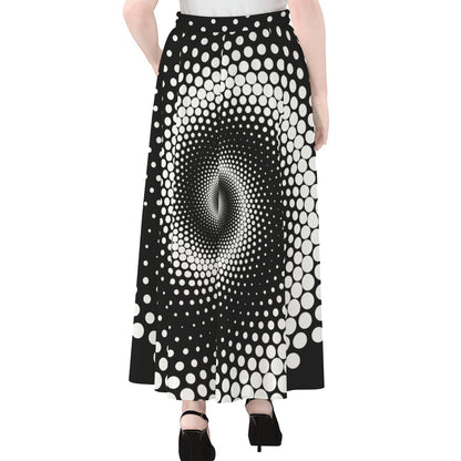 Black And White Spiral Dot Print Chiffon Maxi Skirt