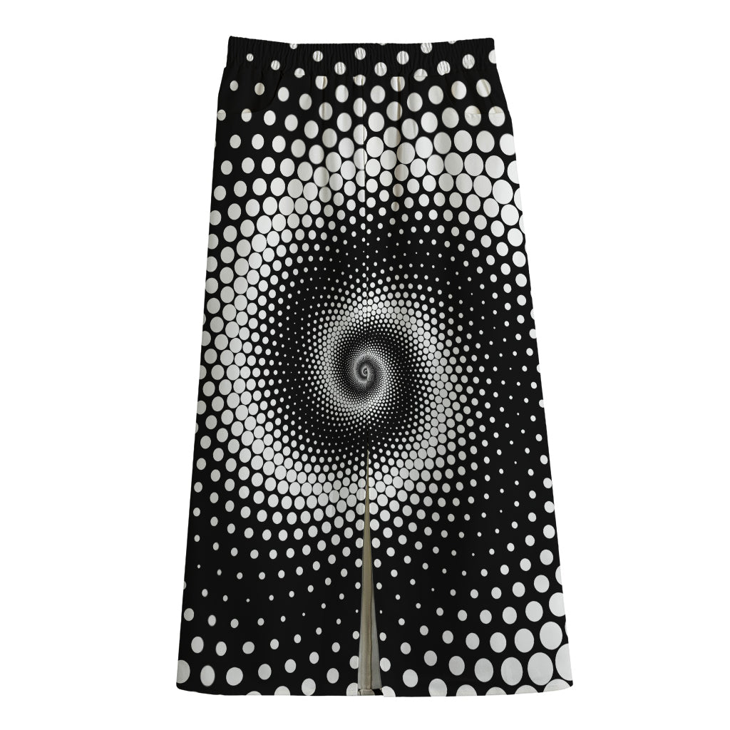 Black And White Spiral Dot Print Cotton Front Slit Maxi Skirt