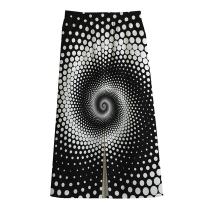 Black And White Spiral Dot Print Cotton Front Slit Maxi Skirt