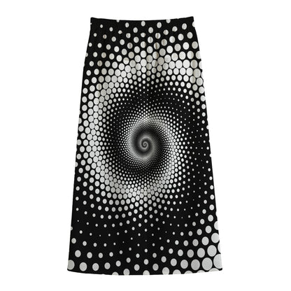Black And White Spiral Dot Print Cotton Front Slit Maxi Skirt
