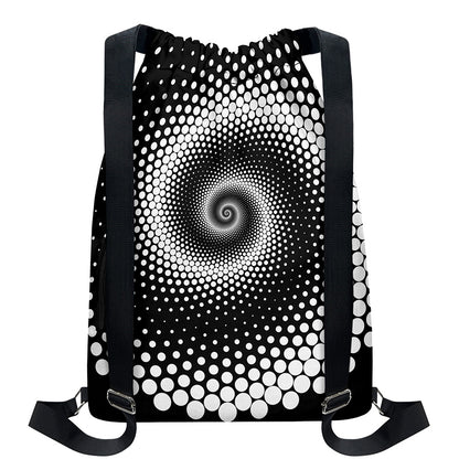 Black And White Spiral Dot Print Drawstring Backpack