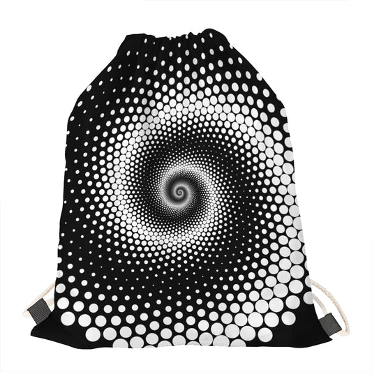 Black And White Spiral Dot Print Drawstring Bag
