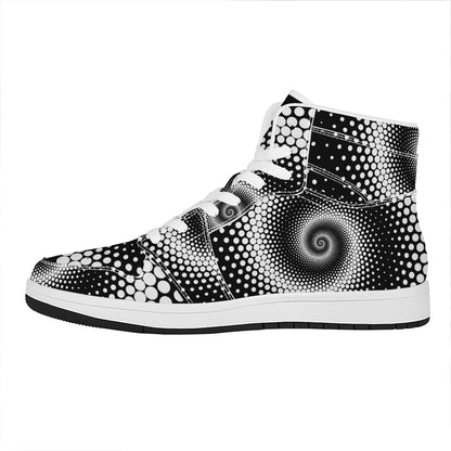 Black And White Spiral Dot Print High Top Leather Sneakers
