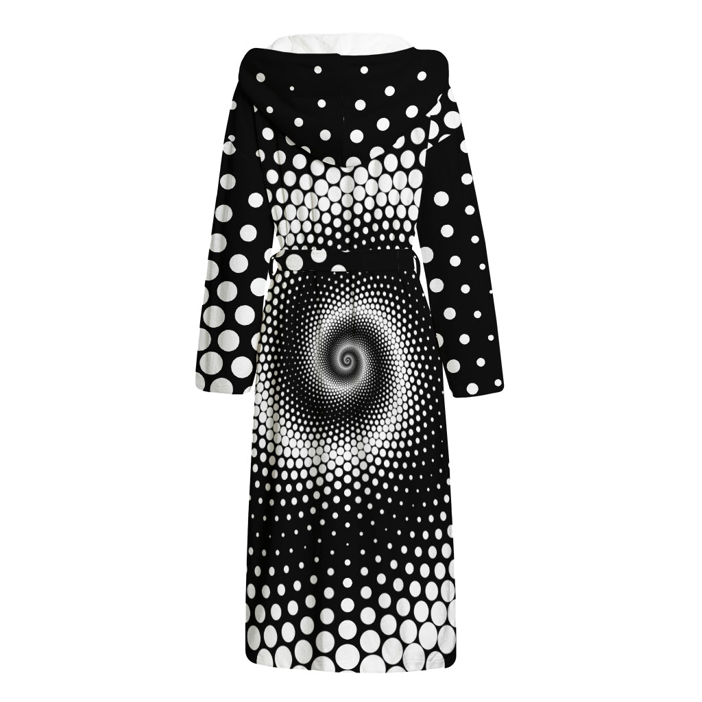 Black And White Spiral Dot Print Hooded Bathrobe