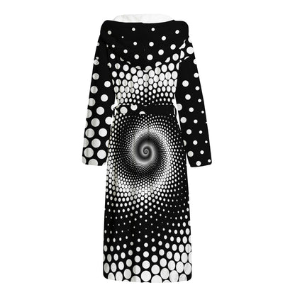 Black And White Spiral Dot Print Hooded Bathrobe