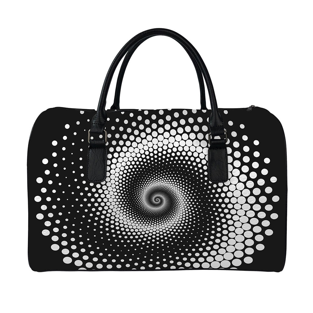 Black And White Spiral Dot Print Leather Duffle Bag
