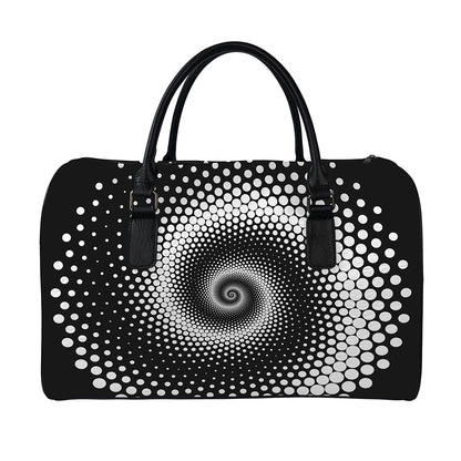Black And White Spiral Dot Print Leather Duffle Bag