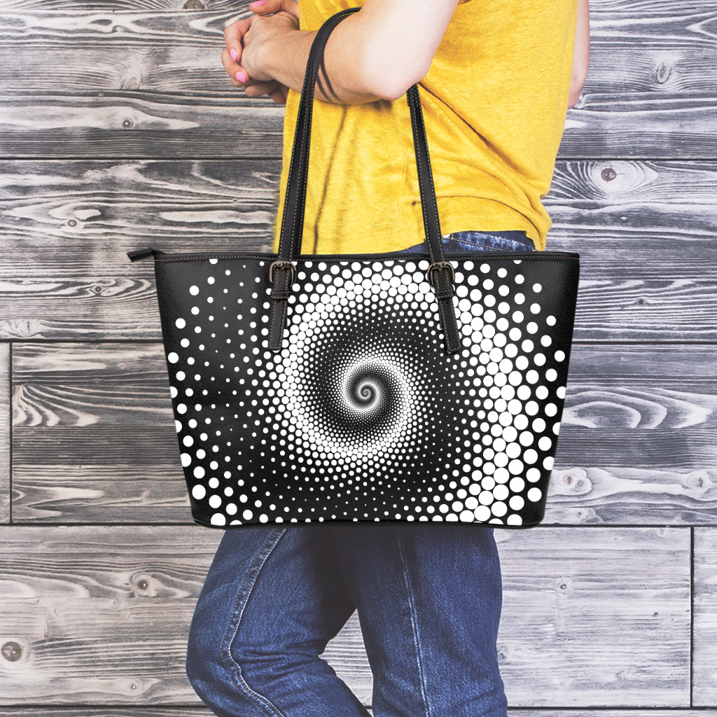 Black And White Spiral Dot Print Leather Tote Bag